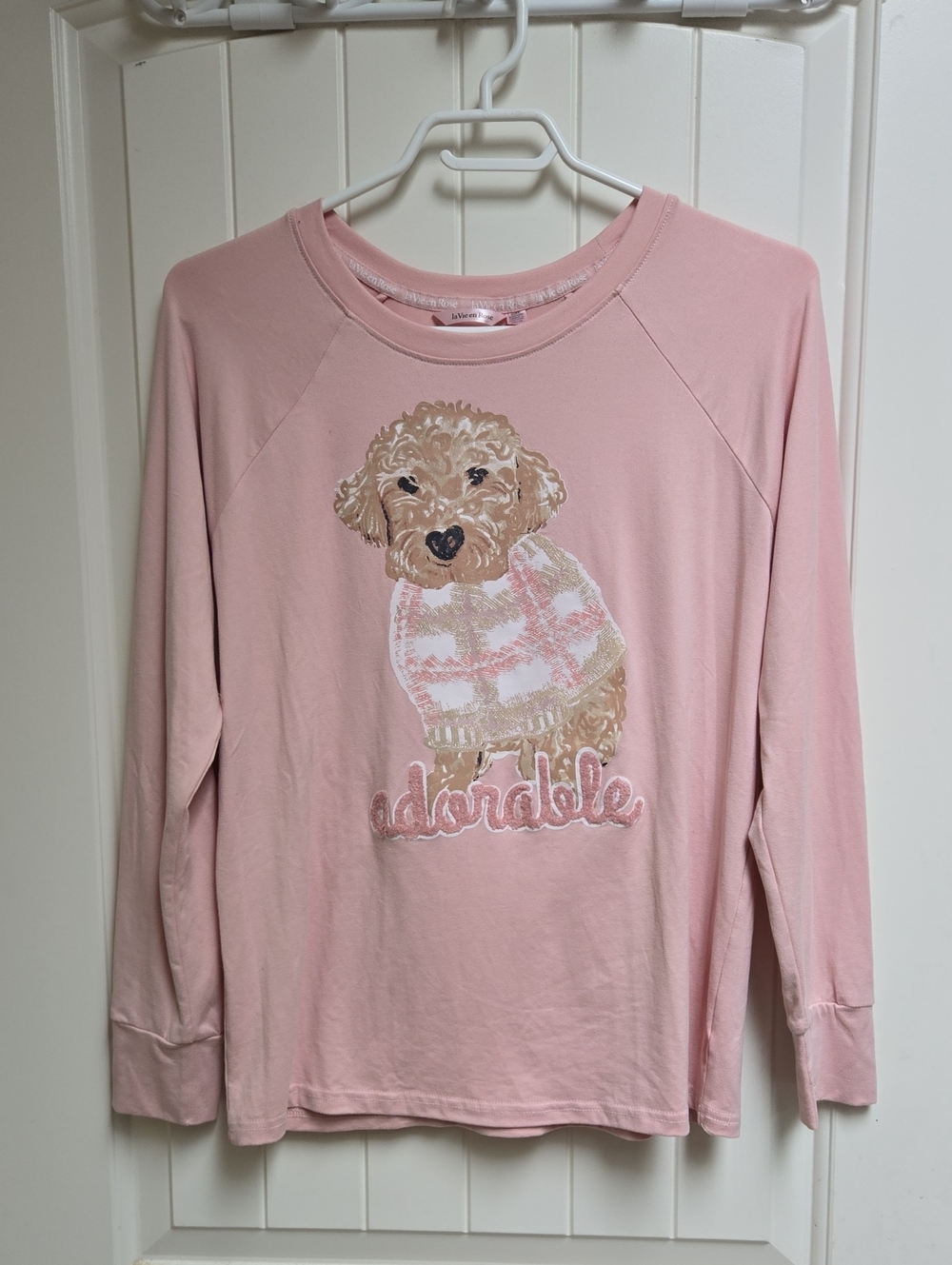 La Vie En Rose Girls' Long-Sleeve Pink Dog Graphic Tee Tshirt Top XS